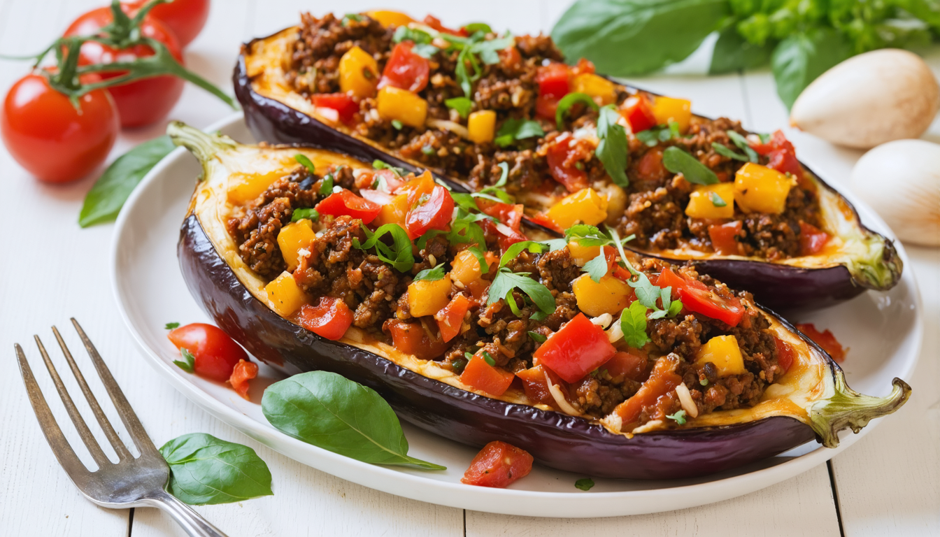 découvrez notre recette d'aubergines farcies à la bolognaise allégée, une délicieuse option gourmande et saine pour un repas équilibré et savoureux.