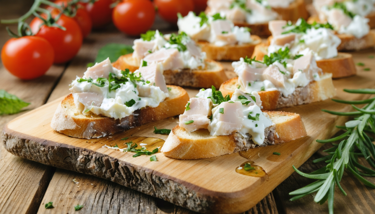 découvrez notre recette facile et savoureuse de bruschetta crémeuse au thon et chèvre, parfaite pour un apéritif convivial à partager en famille ou entre amis.
