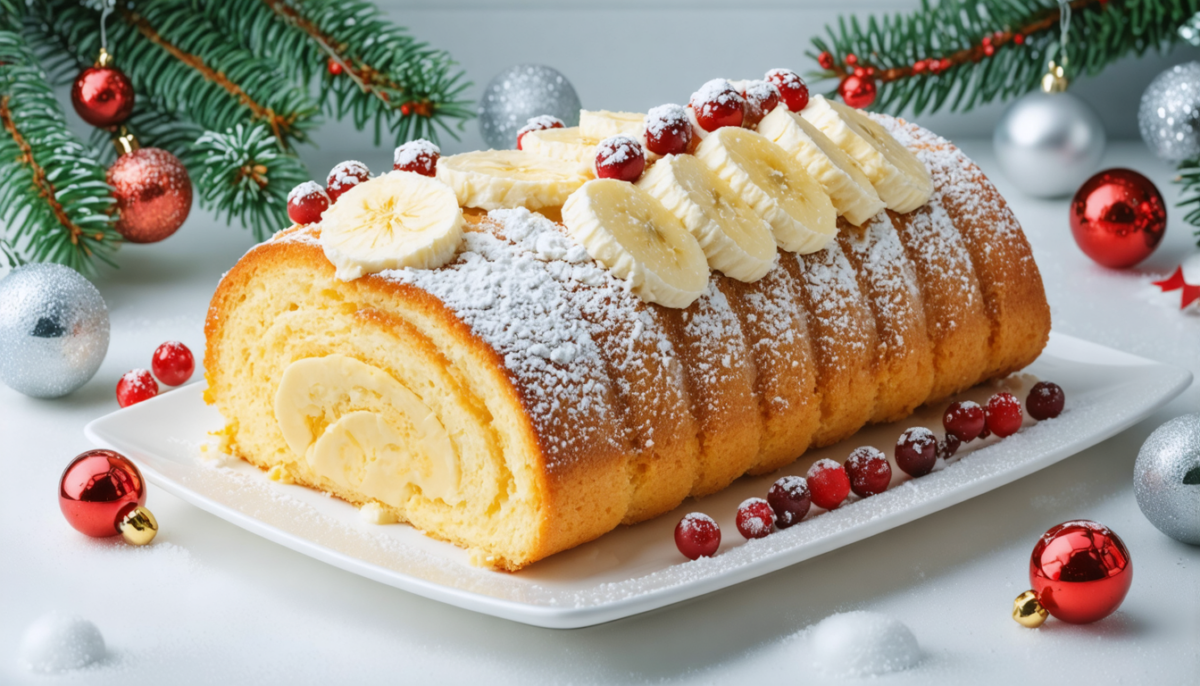 découvrez notre bûche de noël aérienne, délicatement parfumée à la douceur de la crème de banane, pour un dessert festif léger et gourmand.