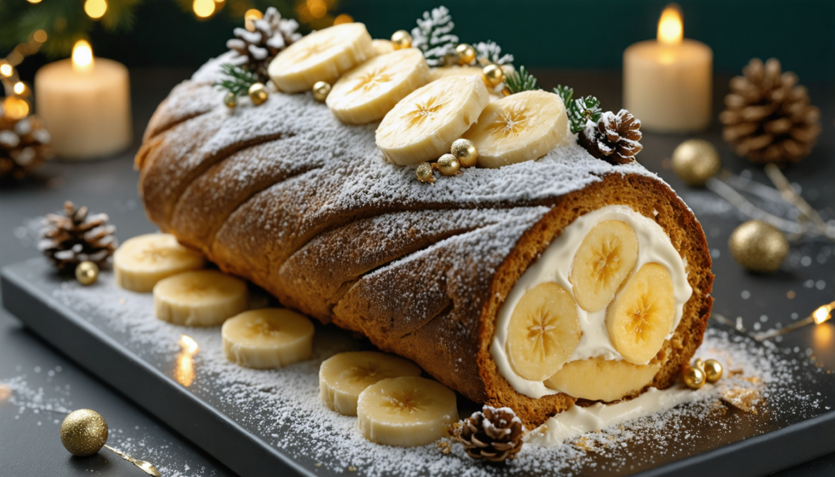 découvrez notre bûche de noël aérienne, délicatement parfumée à la douceur de la crème de banane, pour un dessert festif léger et gourmand.