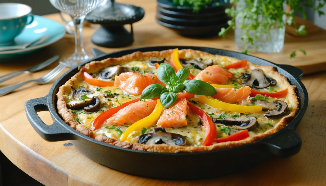 découvrez notre recette légère de clafoutis aérien au saumon, accompagné de poivrons croquants et de champignons fondants pour un plat savoureux et équilibré.