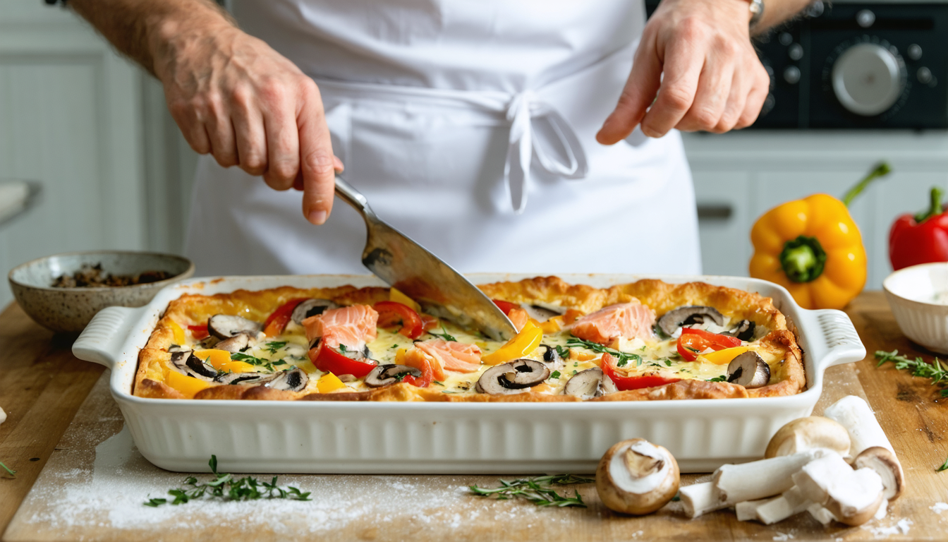 découvrez notre recette de clafoutis aérien au saumon, accompagné de poivrons croquants et de champignons fondants pour un plat savoureux et léger.