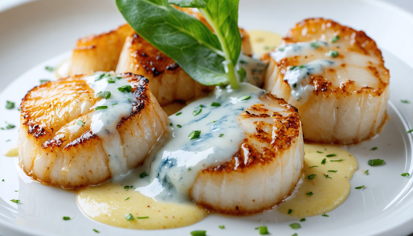 découvrez nos délicates coquilles saint-jacques nappées d'une onctueuse sauce à la crème de fromage bleu, une recette raffinée qui ravira vos papilles.