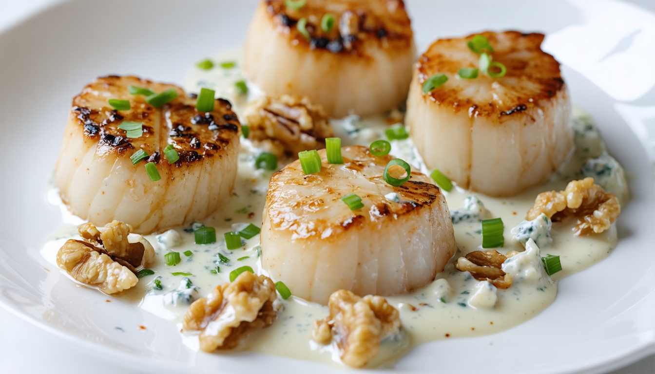 savourez des coquilles saint-jacques délicates, généreusement nappées d'une onctueuse sauce à la crème de fromage bleu pour un plat gourmand et raffiné.