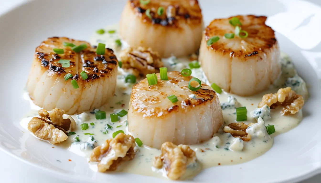 savourez des coquilles saint-jacques délicates, généreusement nappées d'une onctueuse sauce à la crème de fromage bleu pour un plat gourmand et raffiné.
