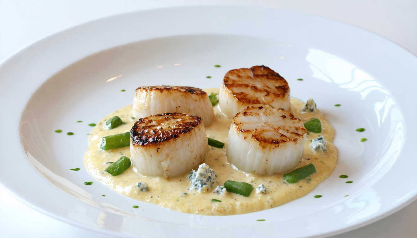 découvrez une recette raffinée de délicates coquilles saint-jacques nappées d'une onctueuse sauce à la crème de fromage bleu, alliant saveurs marines et douceur crémeuse pour un plat gourmand et élégant.