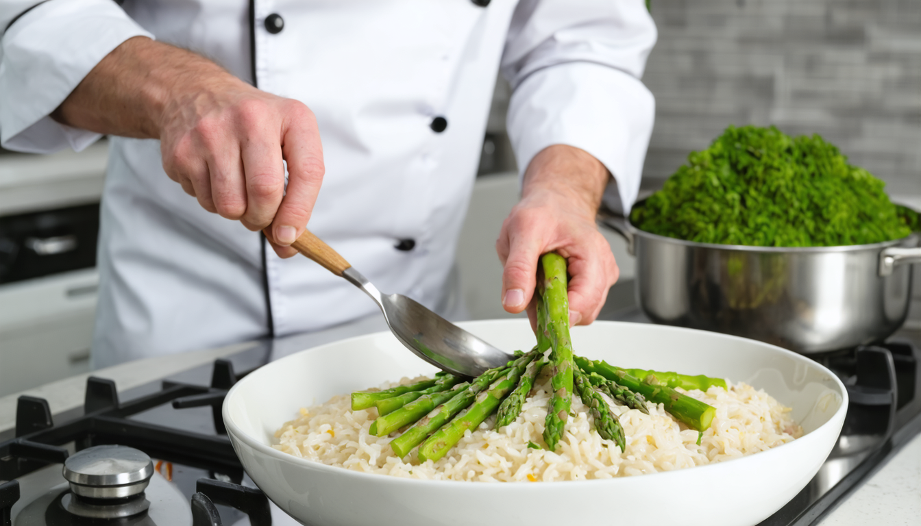 savourez un délice printanier avec ce risotto crémeux aux asperges vertes fraîches et parmesan fondant, parfait pour une touche gourmande et raffinée.