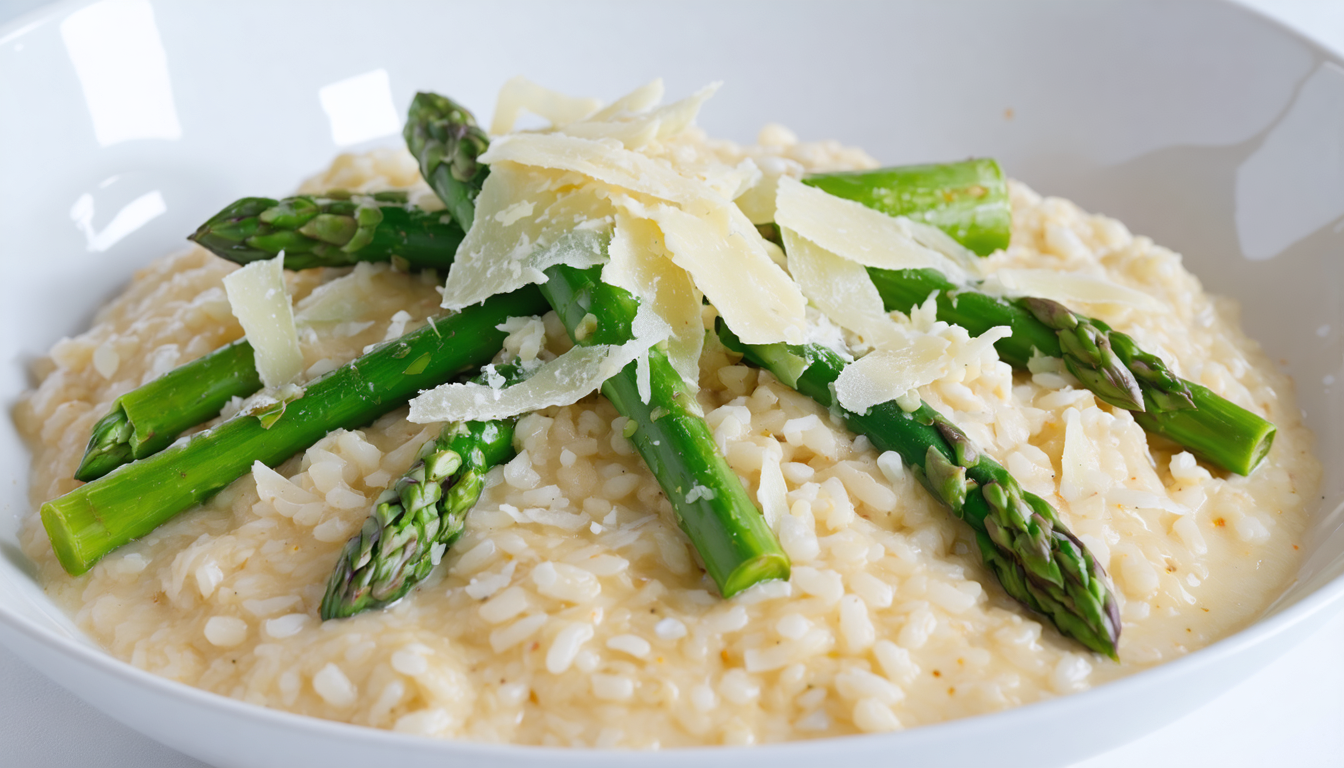 savourez un risotto printanier crémeux aux asperges vertes fraîches et parmesan fondant, une recette délicate et gourmande parfaite pour célébrer la saison.
