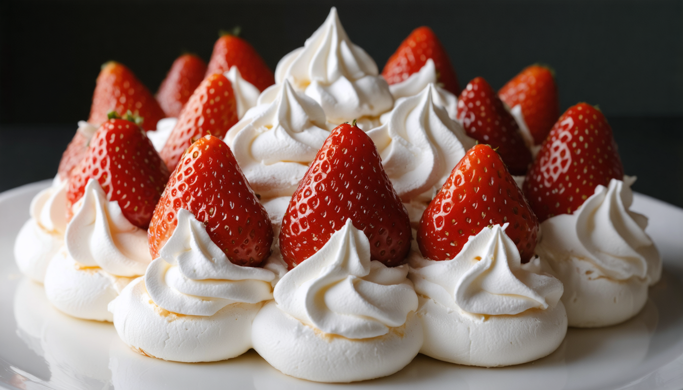 découvrez notre délice aérien : une meringue légère et croustillante, généreusement nappée de chantilly onctueuse et de fraises fraîches pour une douceur estivale irrésistible.