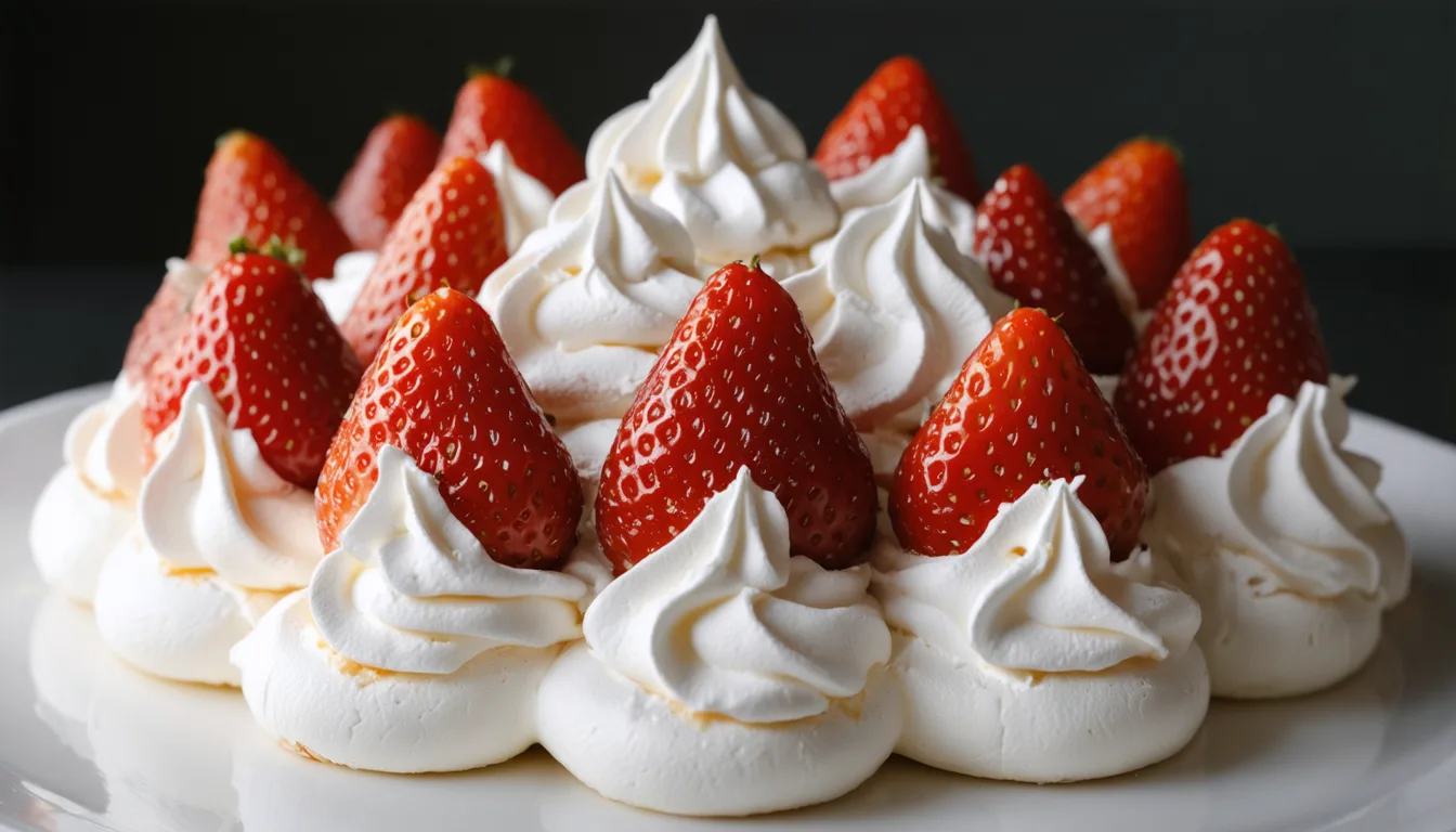 découvrez notre délice aérien : une meringue légère et croustillante, généreusement nappée de chantilly onctueuse et de fraises fraîches pour une douceur estivale irrésistible.