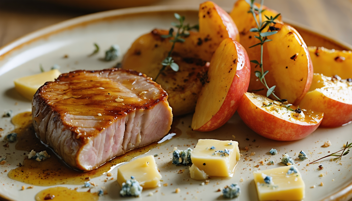 savourez un délice automnal avec notre foie gras poêlé accompagné de pommes rôties et d'éclats de roquefort, pour une gourmandise intense et raffinée.