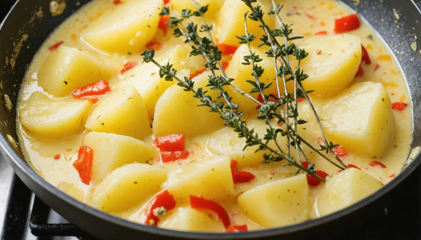 découvrez notre délice crémeux aux pommes de terre et poivrons rouges, une recette savoureuse et réconfortante qui éveillera vos papilles avec une explosion de saveurs gourmandes.