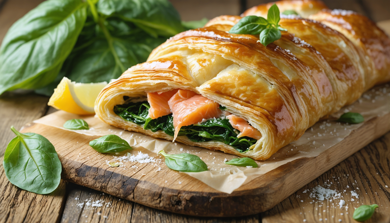 découvrez notre recette gourmande de feuilleté au saumon frais et épinards fondants, un délice croustillant à savourer en toute occasion.
