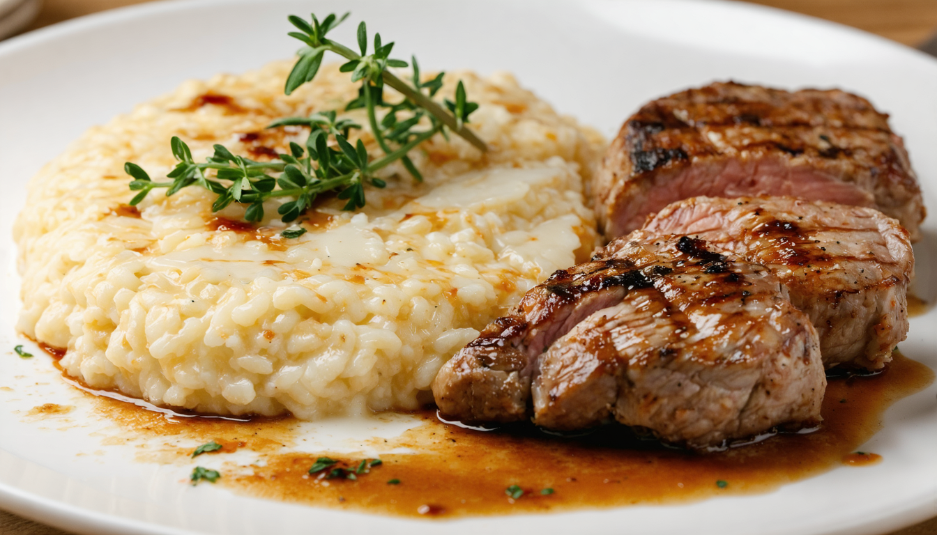 découvrez notre recette savoureuse de mignons de porc délicieusement tendres, accompagnés d'un risotto crémeux au fromage, pour un repas gourmand et réconfortant.