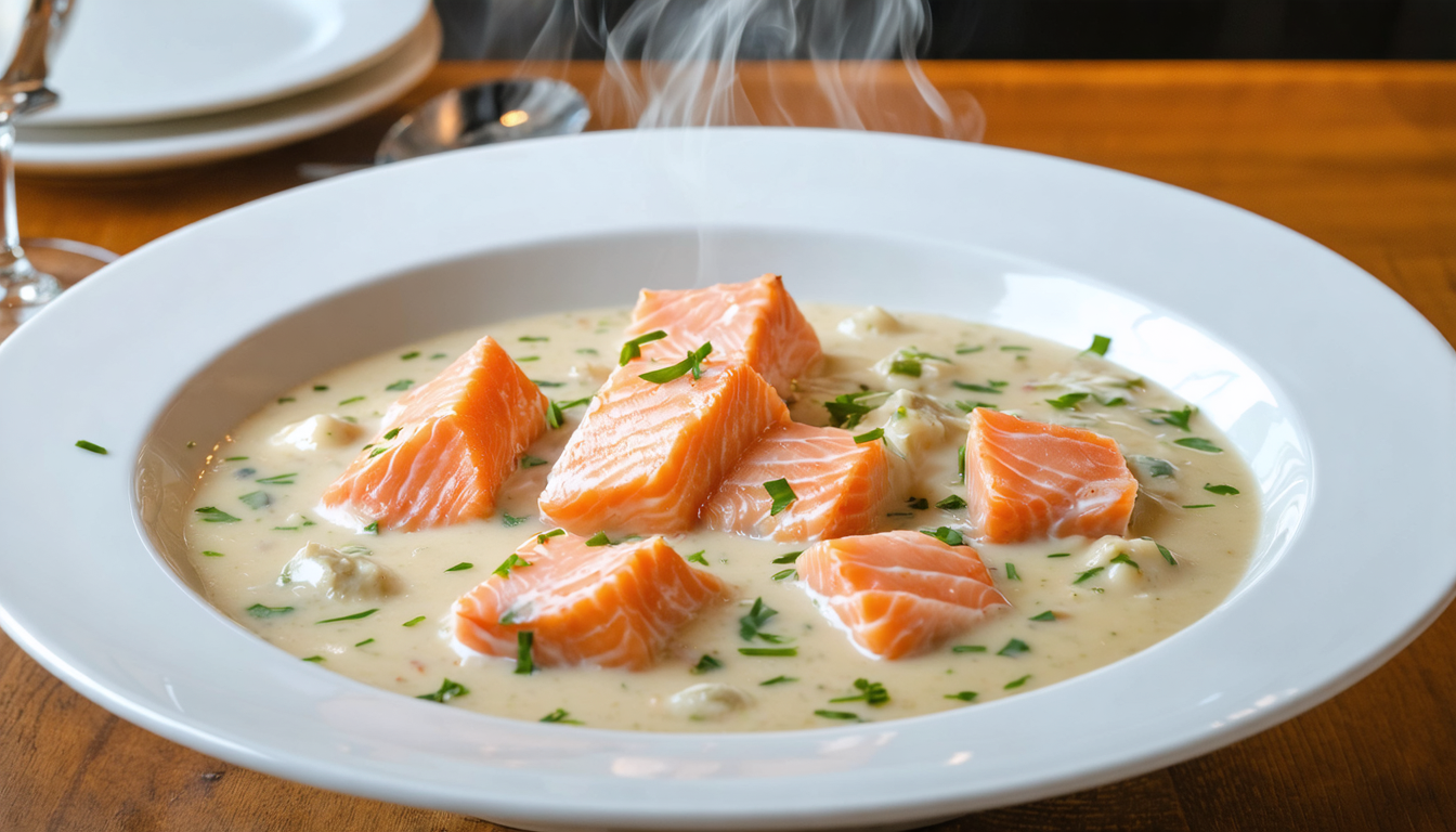 découvrez notre délice de saumon mijoté à la crème légère, une recette savoureuse qui rend hommage à la blanquette traditionnelle, alliant douceur et finesse pour un plat réconfortant.