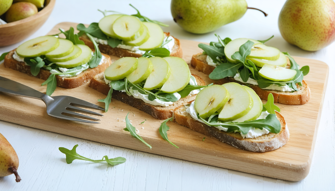 découvrez notre recette savoureuse et originale de tartines à la poire, roquette et fromage frais, parfaite pour un repas léger et gourmand.