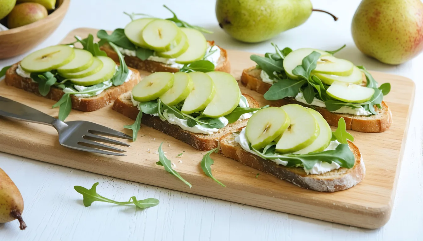 découvrez notre recette savoureuse et originale de tartines à la poire, roquette et fromage frais, parfaite pour un repas léger et gourmand.