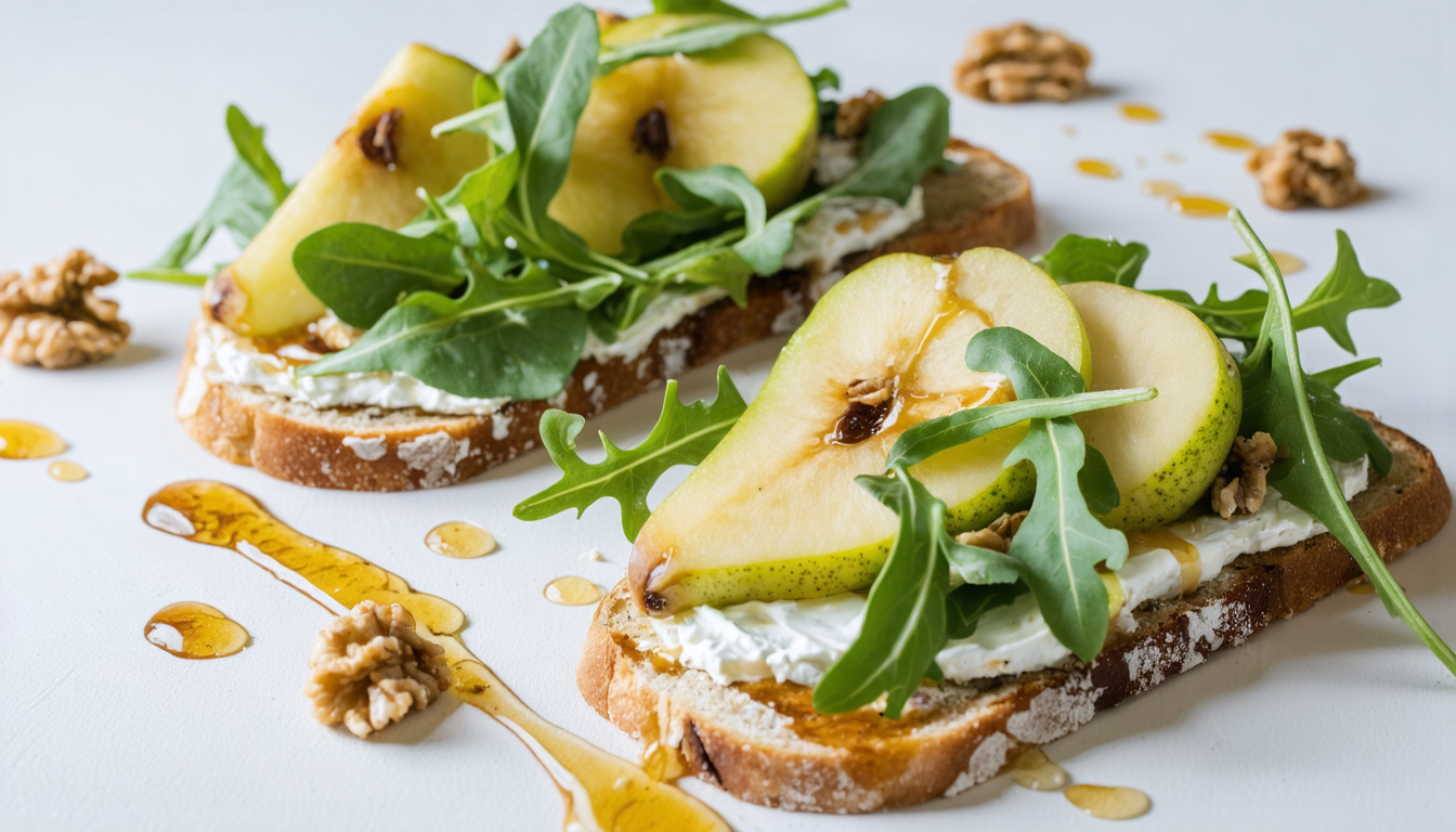 découvrez une recette savoureuse et originale de tartines à la poire, roquette et fromage frais, idéale pour un repas équilibré et plein de fraîcheur.