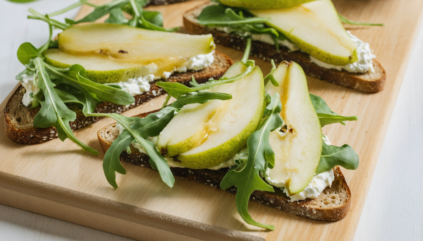 découvrez notre recette savoureuse et originale de tartines à la poire, roquette et fromage frais, parfaite pour un repas gourmand et équilibré.