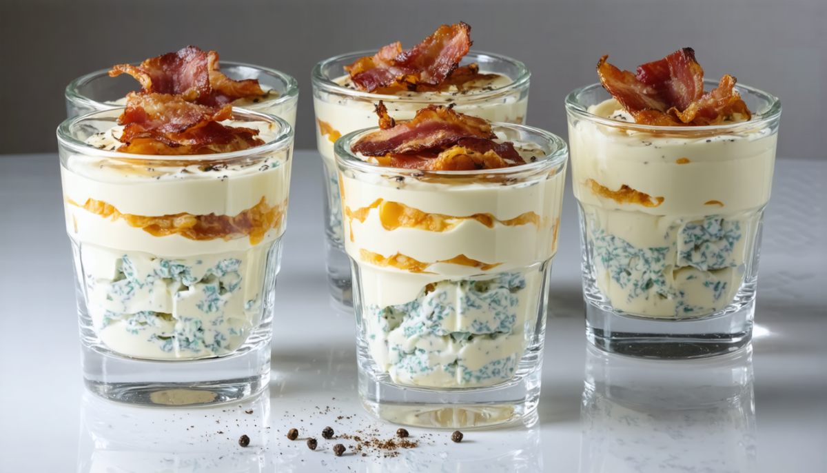 découvrez notre recette gourmande de délice en verrine alliant avocat crémeux, lard croquant et roquefort fondant pour une explosion de saveurs raffinées.