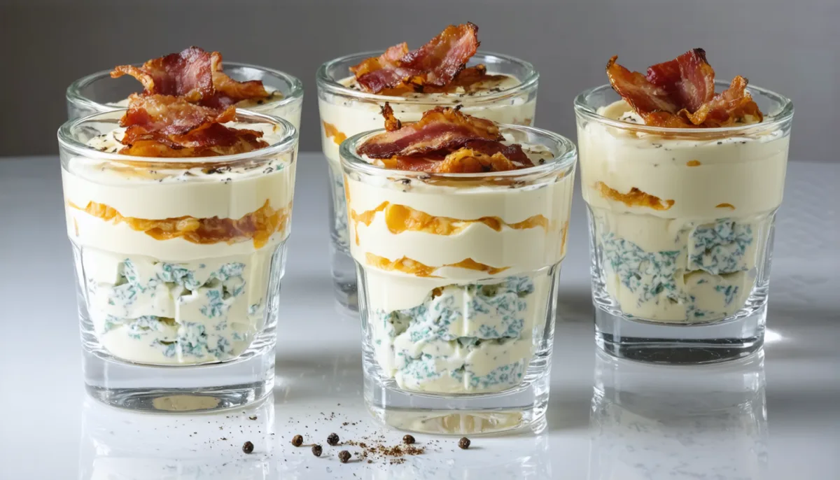 découvrez notre recette gourmande de délice en verrine alliant avocat crémeux, lard croquant et roquefort fondant pour une explosion de saveurs raffinées.