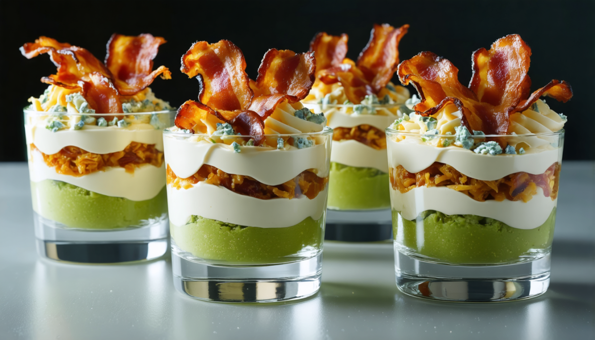 découvrez un délice en verrine alliant avocat crémeux, lard croquant et roquefort fondant pour une explosion de saveurs raffinées et gourmandes.