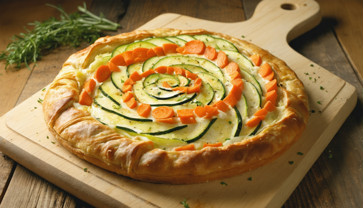découvrez une délicieuse tarte en spirale aux carottes, courgettes fraîches et gouda fondant, parfaite pour un repas savoureux et coloré.