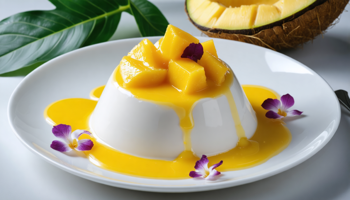 découvrez notre panna cotta au lait de coco, un dessert exotique et sans lactose, nappé d'un coulis de mangue frais et savoureux, parfait pour une douceur légère et fruitée.