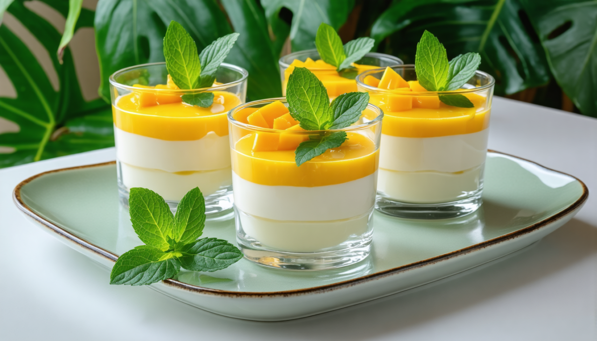 découvrez notre panna cotta délicieusement exotique au lait de coco, nappée d'un coulis de mangue frais, une recette sans lactose qui éveillera vos papilles.