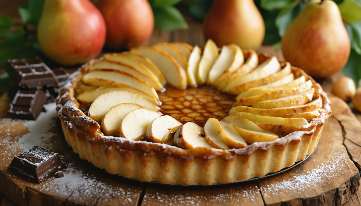 découvrez la tarte poires-chocolat ultra fondante, prête en seulement 15 minutes. un délice express pour régaler toute la famille rapidement et facilement.