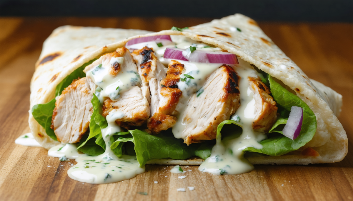 savourez un wrap de poulet gourmand, généreusement nappé d'une crème onctueuse au bleu, pour une explosion de saveurs délicates et raffinées.