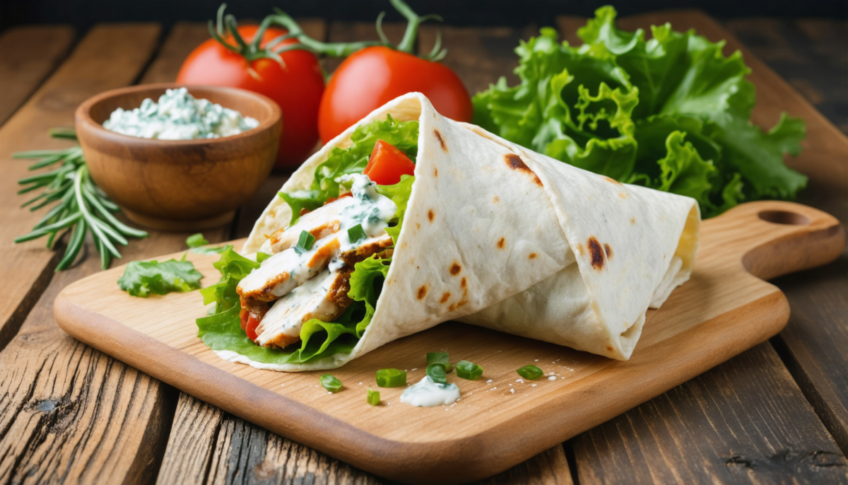 savourez un wrap de poulet gourmand, généreusement nappé d'une onctueuse crème au fromage bleu, pour un mélange parfait de saveurs délicates et intenses.