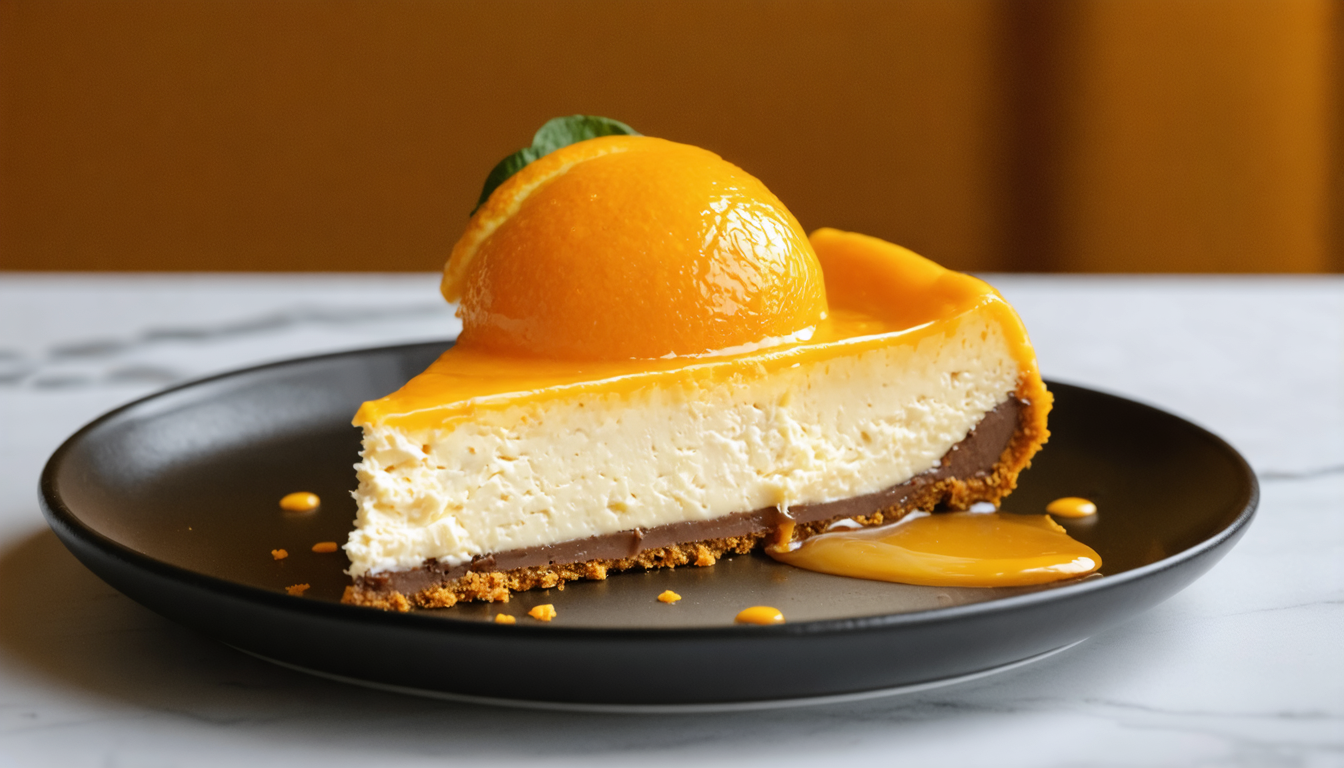 découvrez notre cheesecake à l’orange, léger et frais, posé sur un lit croustillant de chocolat pour une explosion de saveurs gourmandes et équilibrées.
