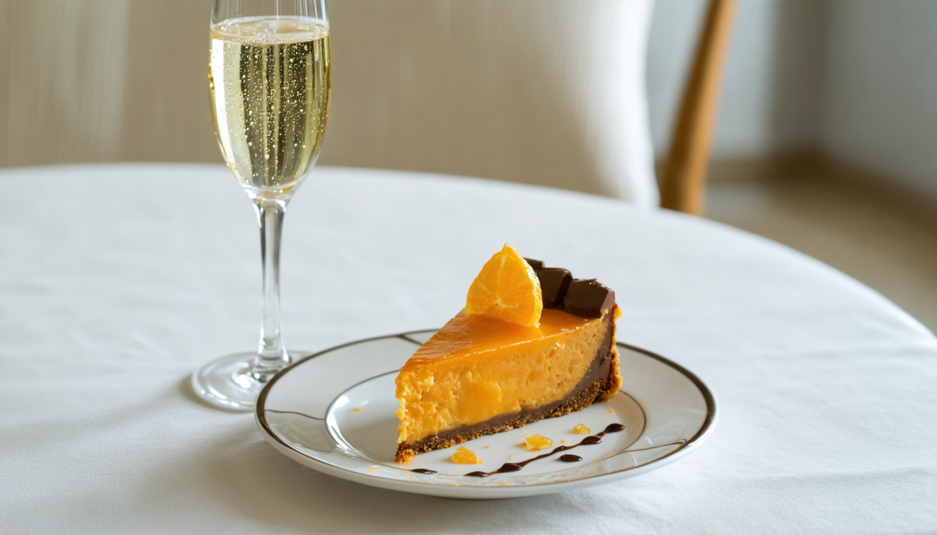 découvrez le délice léger du cheesecake à l’orange, posé sur un lit croustillant de chocolat, pour une gourmandise fruitée et fondante.