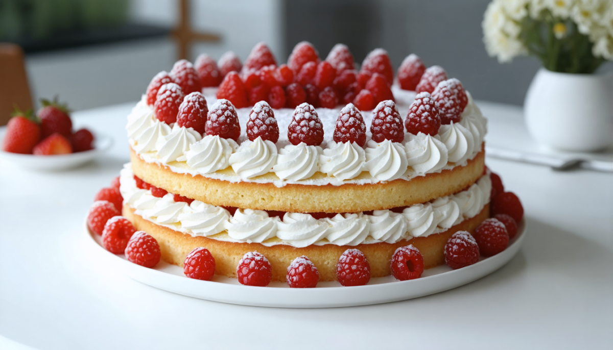 découvrez notre layer cake léger aux framboises, fraises et chantilly allégée, une gourmandise fruitée et aérienne parfaite pour un dessert frais et savoureux.