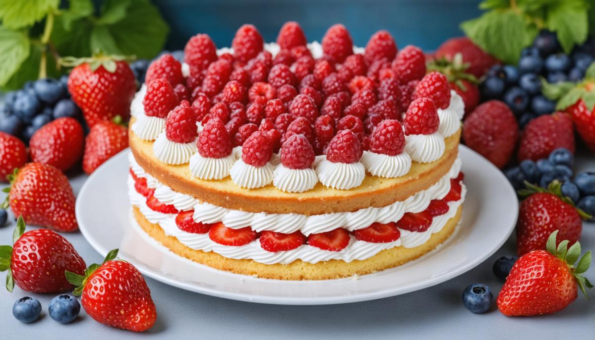 découvrez notre recette légère de layer cake aux framboises, fraises et chantilly allégée, un dessert gourmand et frais parfait pour toutes les occasions.