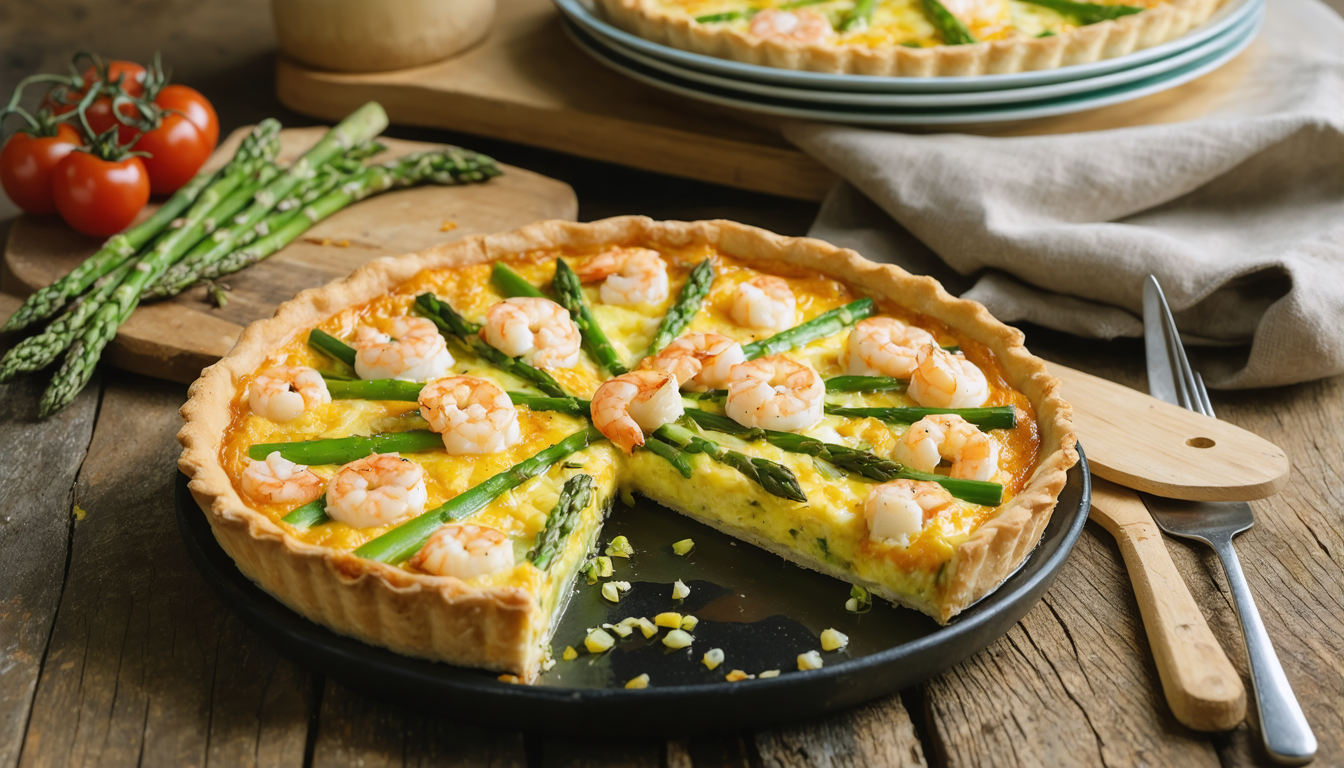 découvrez une recette délicieuse et légère : quiche aux asperges fraîches et crevettes caramélisées au miel, parfaite pour un repas savoureux et raffiné.