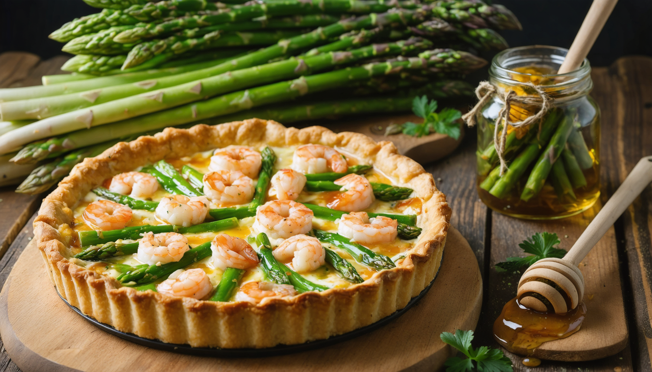 découvrez une recette savoureuse et légère de quiche aux asperges fraîches et crevettes caramélisées au miel, parfaite pour un repas gourmand et équilibré.