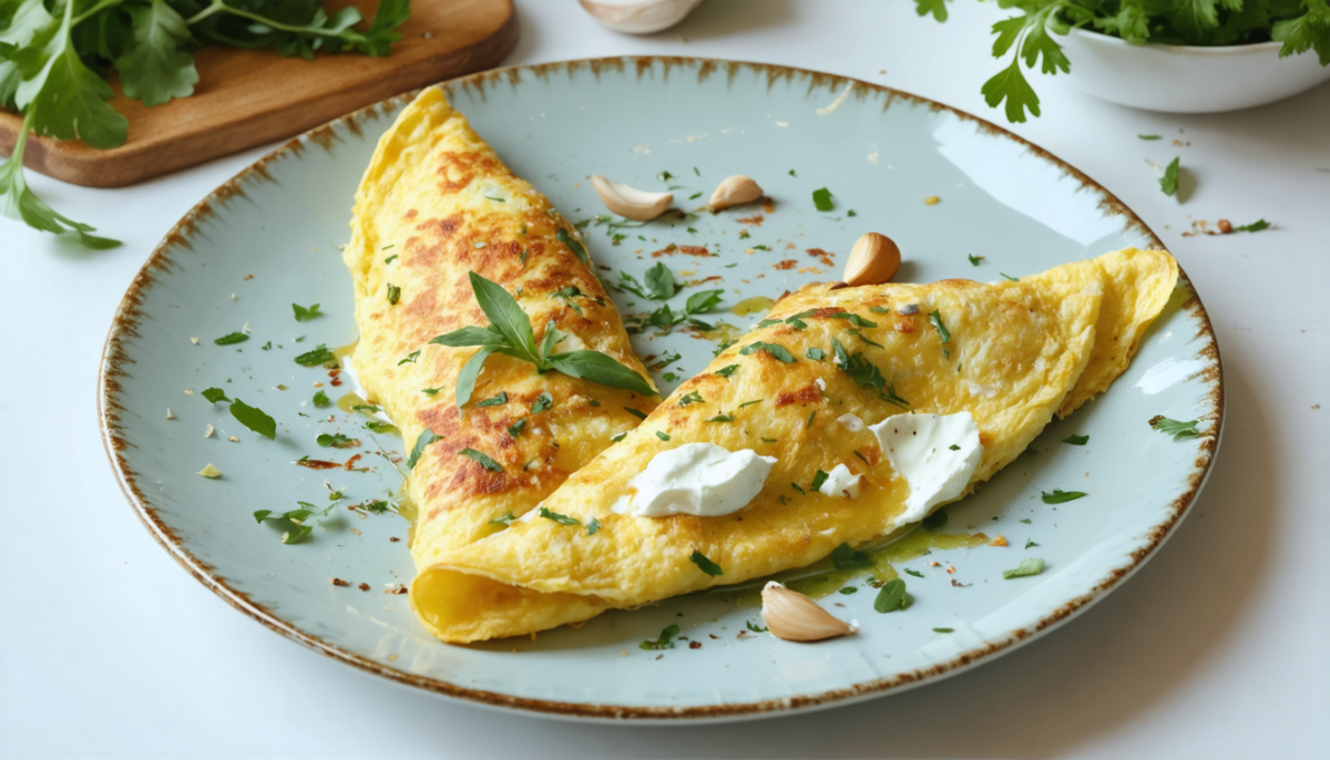 savourez un délice printanier avec notre omelette légère au fromage frais, relevée d'ail et parsemée de fines herbes fraîches, parfaite pour un repas frais et gourmand.