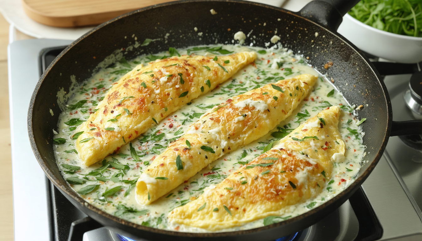 découvrez cette recette printanière savoureuse : une omelette moelleuse au fromage frais, relevée d'ail et de fines herbes pour un repas léger et plein de fraîcheur.