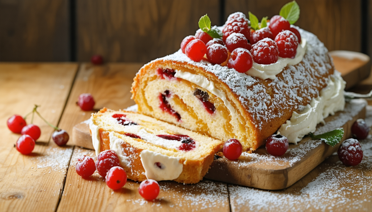 savourez notre délice roulé à la crème légère, délicatement garnie de fruits rouges frais pour une douceur fruitée et légère qui ravira vos papilles.