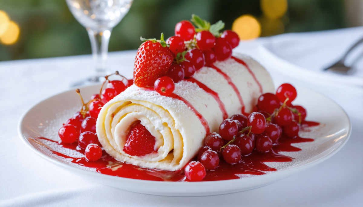 savourez notre délice roulé à la crème légère, délicatement garni de fruits rouges frais pour une explosion de saveurs fruitées et gourmandes.