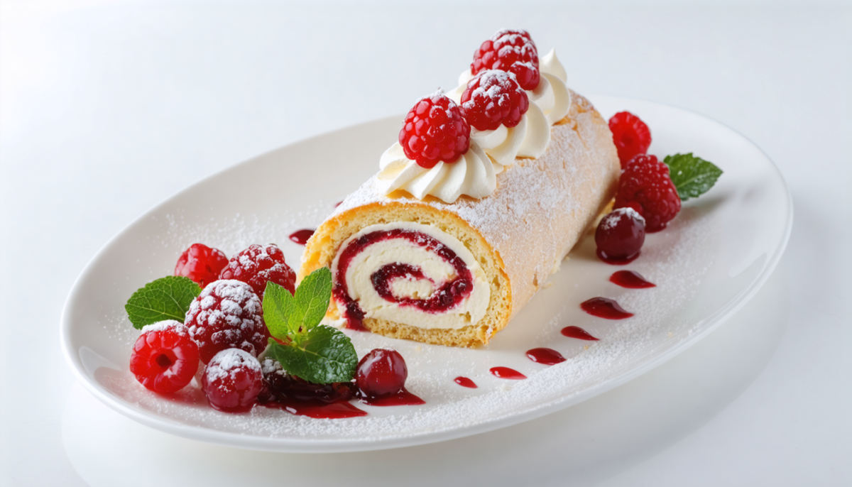 savourez notre délice roulé à la crème légère, délicatement garnie de fruits rouges frais pour une expérience gourmande et fraîche.