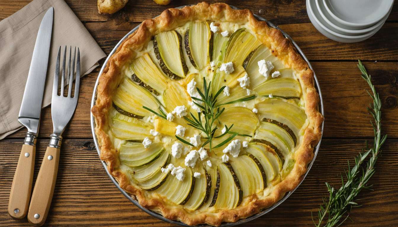 savourez une quiche moelleuse au chèvre frais, accompagnée de poireaux fondants et de pommes de terre croustillantes, pour un délice rustique et gourmand.