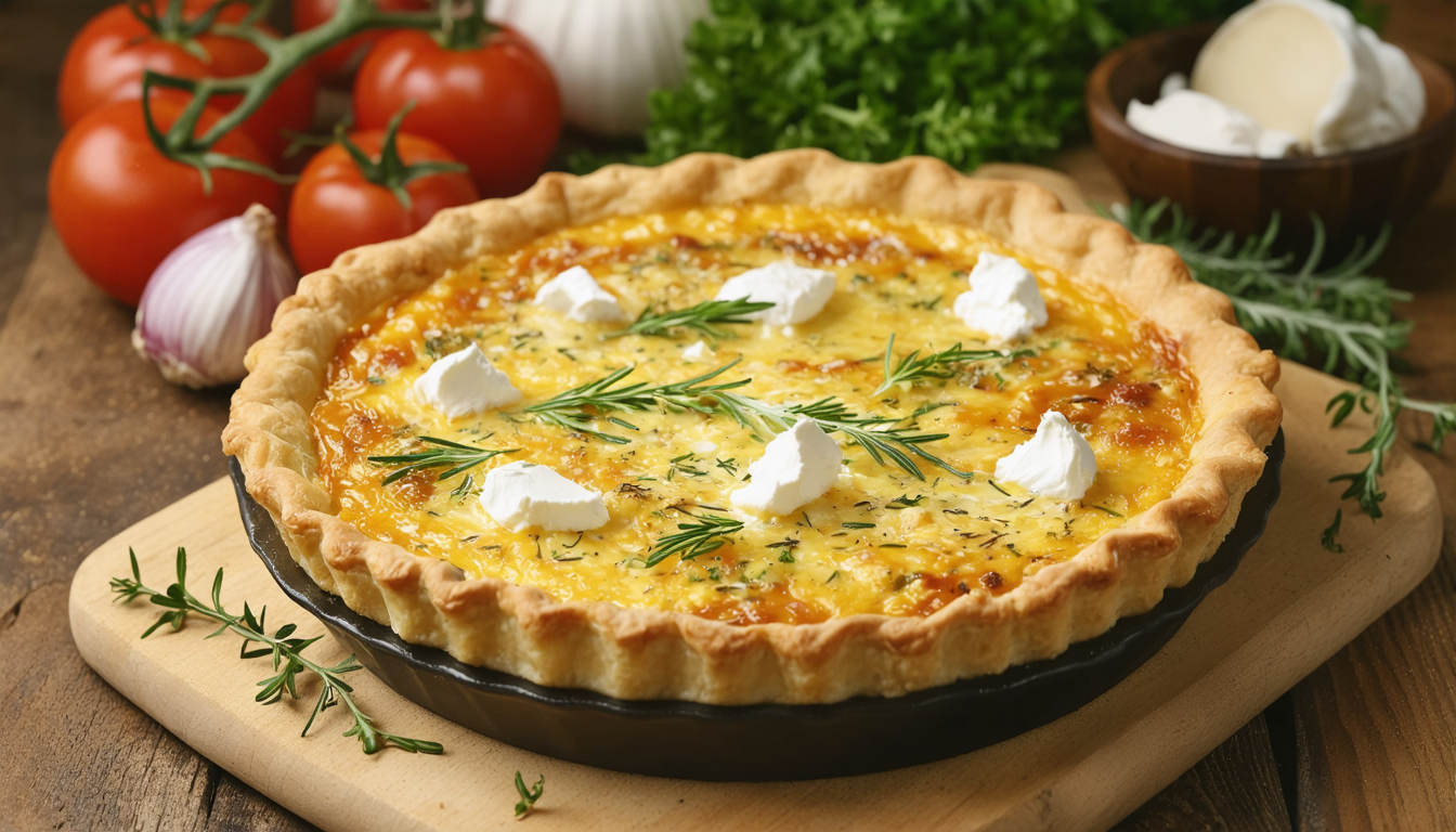 savourez une quiche moelleuse au chèvre frais, accompagnée de poireaux fondants et de pommes de terre croustillantes pour un délice rustique irrésistible.