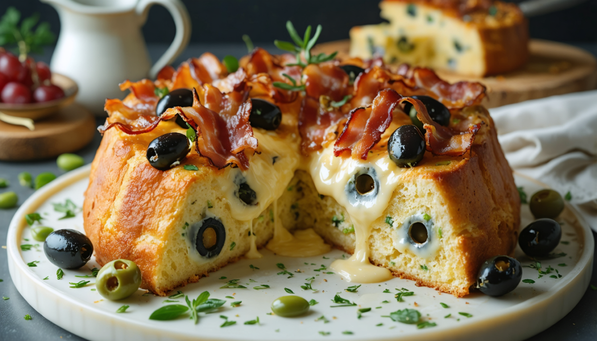 découvrez notre cake moelleux aux lardons croustillants, olives parfumées et brie fondant, un délice salé parfait pour vos apéritifs et repas gourmands.
