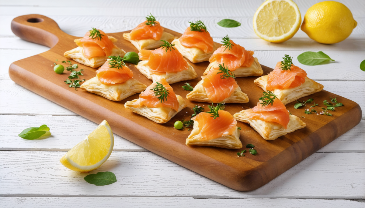 découvrez nos délices apéritifs : des feuilletés croustillants garnis de saumon fumé et de fromage frais aux saveurs d’ail et fines herbes, parfaits pour vos moments gourmands.