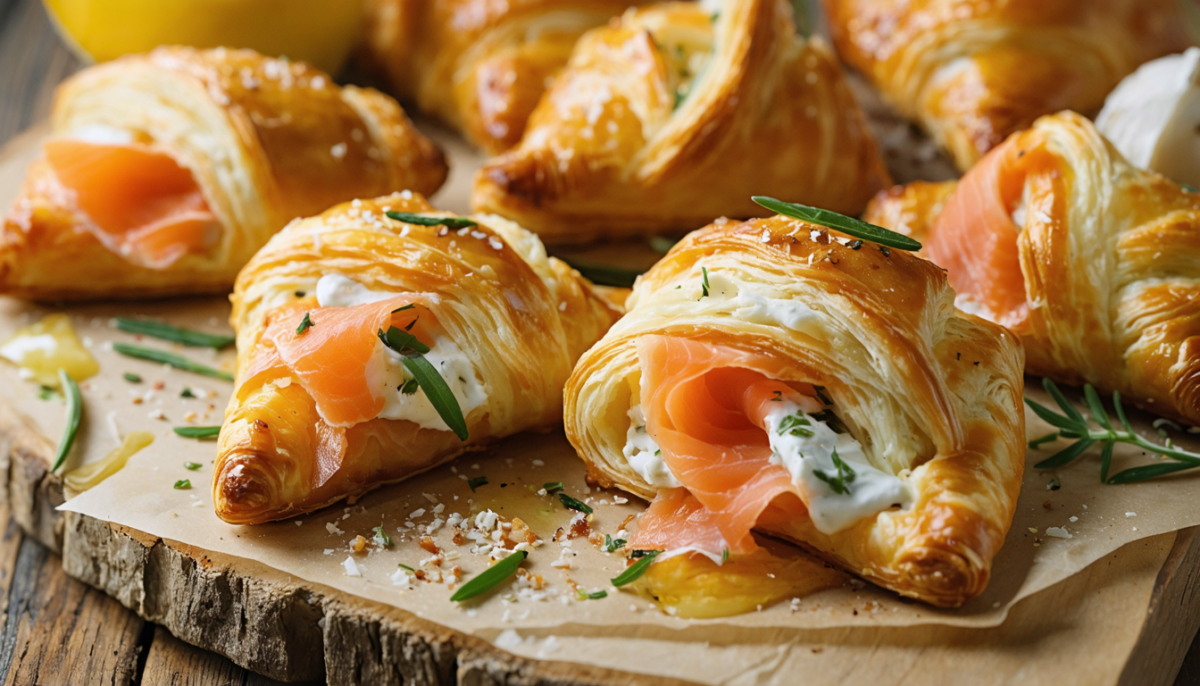 découvrez nos délices apéritifs : des feuilletés croustillants garnis de saumon fumé et de fromage frais à l’ail et fines herbes, parfaits pour régaler vos invités.