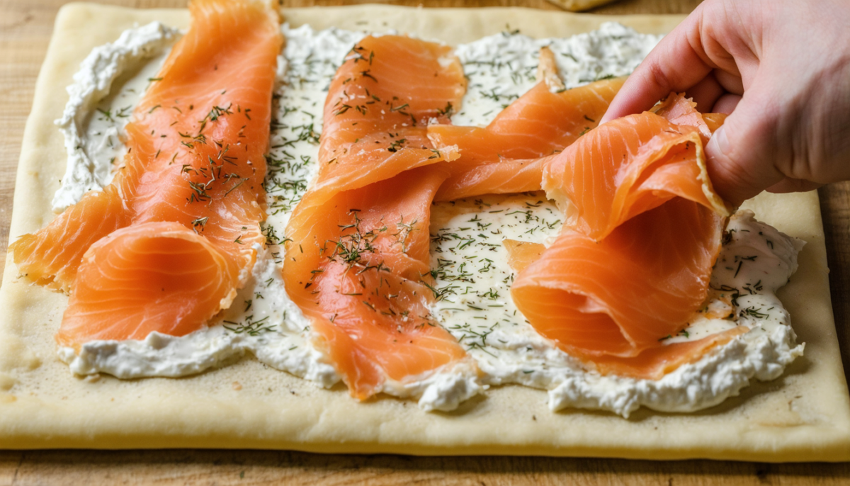 découvrez nos délices apéritifs : des feuilletés croustillants garnis de saumon fumé et de fromage frais à l’ail et fines herbes, parfaits pour vos moments gourmands.