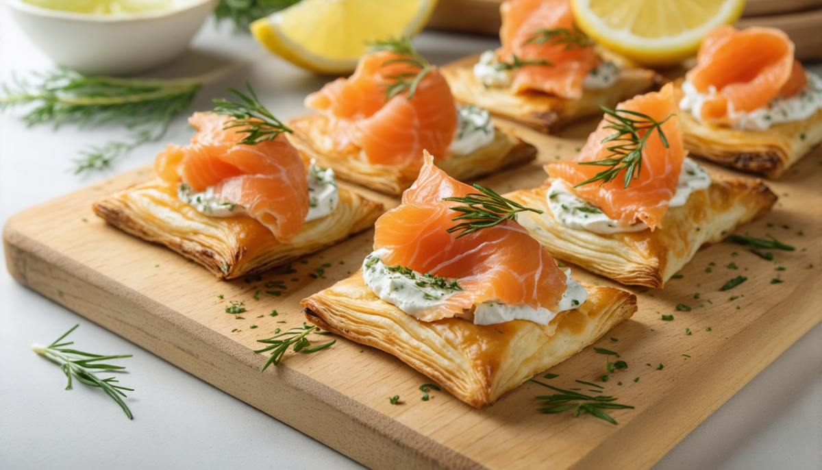 savourez nos feuilletés croustillants au saumon fumé et fromage frais à l’ail et fines herbes, parfaits pour un apéritif gourmand et raffiné.